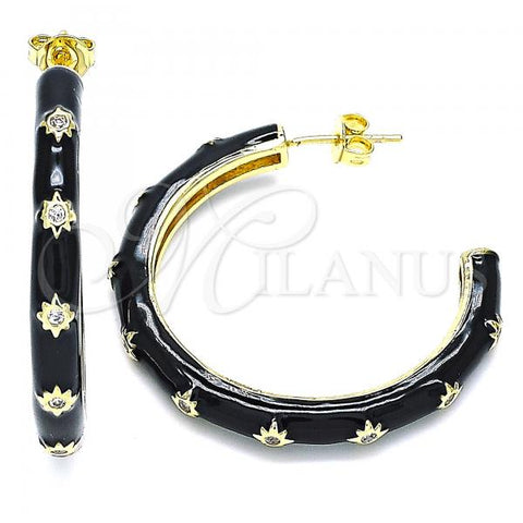 Oro Laminado Stud Earring, Gold Filled Style Star Design, with White Cubic Zirconia, Black Enamel Finish, Golden Finish, 02.362.0005.5