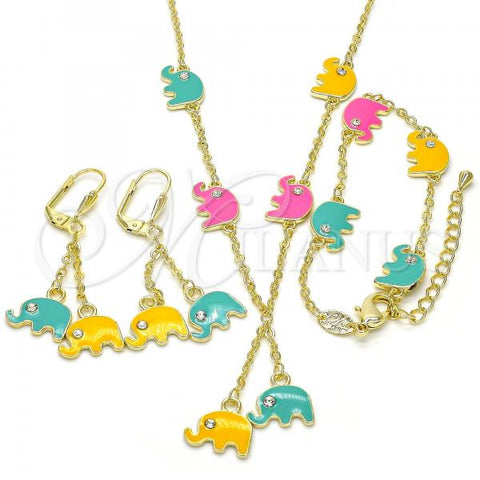 Oro Laminado Earring and Pendant Children Set, Gold Filled Style Elephant Design, with White Crystal, Multicolor Enamel Finish, Golden Finish, 06.60.0006.4