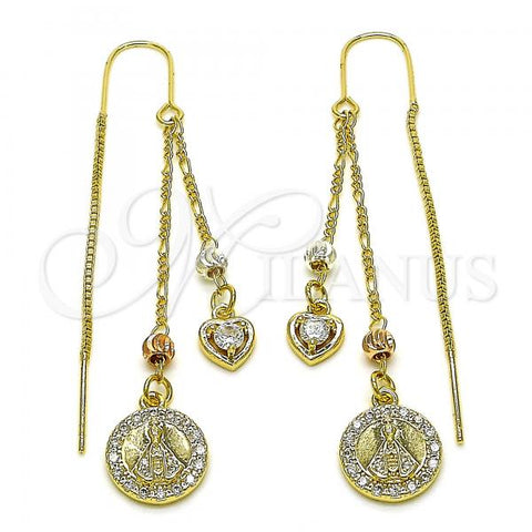 Oro Laminado Threader Earring, Gold Filled Style Caridad del Cobre and Heart Design, with White Cubic Zirconia, Polished, Tricolor, 02.253.0076