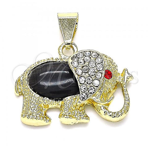 Oro Laminado Religious Pendant, Gold Filled Style Elephant Design, with Black Opal and Garnet Crystal, Polished, Golden Finish, 05.213.0042.1