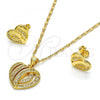 Oro Laminado Earring and Pendant Adult Set, Gold Filled Style Heart Design, with White Micro Pave, Polished, Golden Finish, 10.199.0034