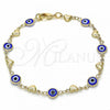 Oro Laminado Fancy Bracelet, Gold Filled Style Evil Eye and Heart Design, Blue Resin Finish, Golden Finish, 03.326.0008.2.08