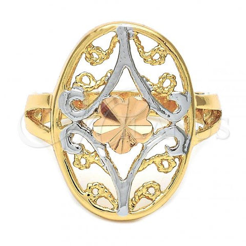 Oro Laminado Elegant Ring, Gold Filled Style Flower and Filigree Design, Diamond Cutting Finish, Tricolor, 5.175.009.07 (Size 7)