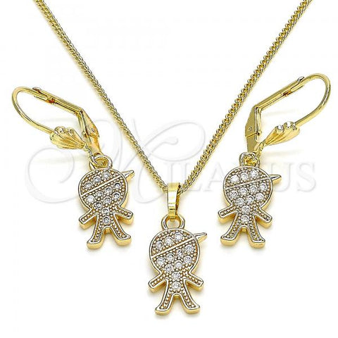Oro Laminado Earring and Pendant Adult Set, Gold Filled Style Little Boy Design, with White Micro Pave, Polished, Golden Finish, 10.210.0143