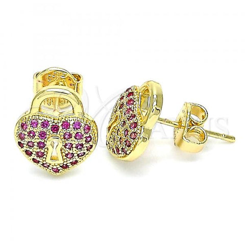 Oro Laminado Stud Earring, Gold Filled Style Lock and Heart Design, with Ruby Micro Pave, Polished, Golden Finish, 02.156.0441.1