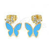 Oro Laminado Stud Earring, Gold Filled Style Butterfly Design, with White Micro Pave, Blue Enamel Finish, Golden Finish, 02.213.0178