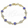 Oro Laminado Fancy Bracelet, Gold Filled Style Evil Eye and Hand of God Design, Blue Resin Finish, Golden Finish, 03.326.0007.1.08