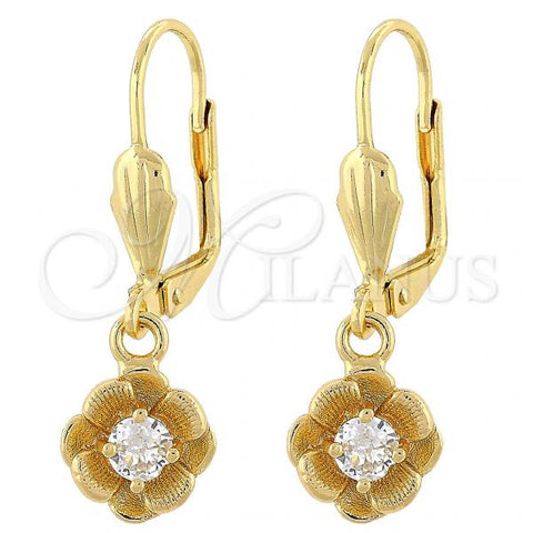 Oro Laminado Dangle Earring, Gold Filled Style Flower Design, with White Cubic Zirconia, Diamond Cutting Finish, Golden Finish, 02.63.2458