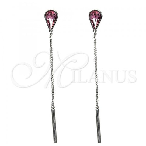 Rhodium Plated Long Earring, Teardrop Design, with Rose Swarovski Crystals, Polished, Rhodium Finish, 02.26.0173