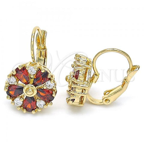 Oro Laminado Leverback Earring, Gold Filled Style Flower Design, with Garnet and White Cubic Zirconia, Polished, Golden Finish, 02.210.0227.2