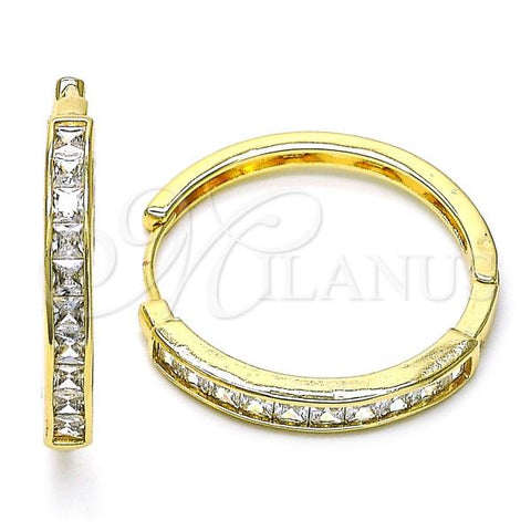Oro Laminado Huggie Hoop, Gold Filled Style Baguette Design, with White Cubic Zirconia, Polished, Golden Finish, 02.210.0106.35