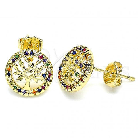 Oro Laminado Stud Earring, Gold Filled Style Tree Design, with Multicolor Micro Pave, Polished, Golden Finish, 02.156.0449.1
