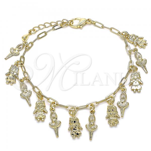 Oro Laminado Charm Bracelet, Gold Filled Style Little Girl and Paperclip Design, Polished, Golden Finish, 03.372.0026.08