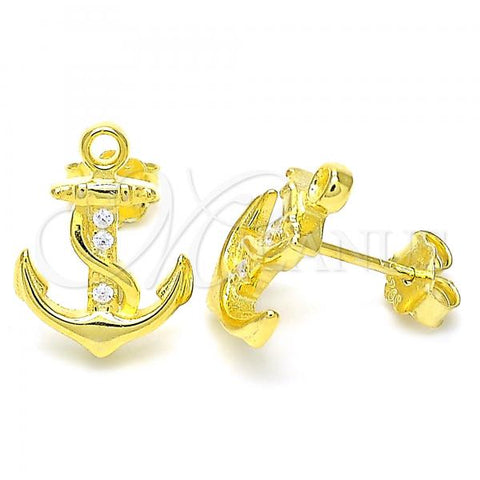 Sterling Silver Stud Earring, Anchor Design, with White Cubic Zirconia, Polished, Golden Finish, 02.336.0150.2