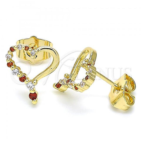 Oro Laminado Stud Earring, Gold Filled Style Heart Design, with Garnet and White Cubic Zirconia, Polished, Golden Finish, 02.156.0526.1