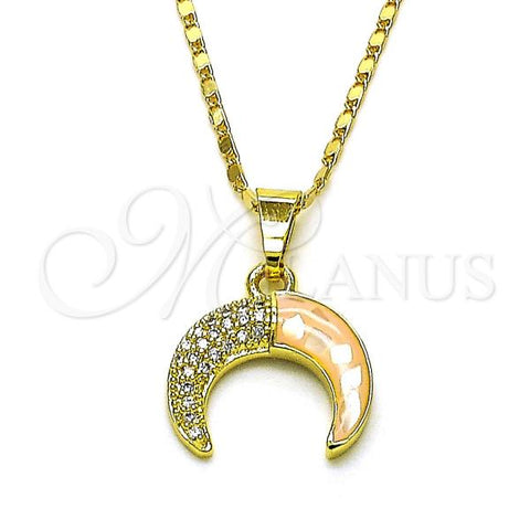 Oro Laminado Pendant Necklace, Gold Filled Style Moon Design, with Rose Mother of Pearl and White Micro Pave, Polished, Golden Finish, 04.267.0003.18