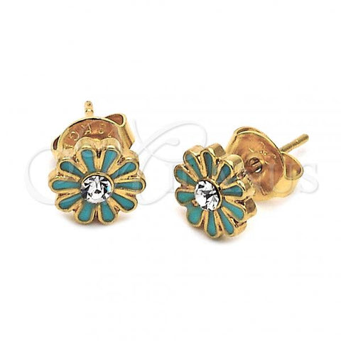 Oro Laminado Stud Earring, Gold Filled Style Flower Design, with White Crystal, Turquoise Enamel Finish, Golden Finish, 02.64.0221 *PROMO*