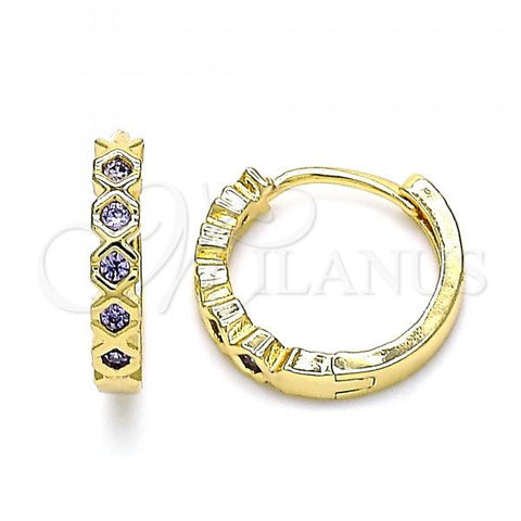 Oro Laminado Huggie Hoop, Gold Filled Style with Amethyst Cubic Zirconia, Polished, Golden Finish, 02.210.0553.2.15