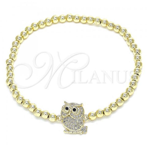 Oro Laminado Fancy Bracelet, Gold Filled Style Expandable Bead and Owl Design, with White and Black Micro Pave, Polished, Golden Finish, 03.299.0047.07