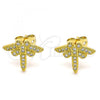 Oro Laminado Stud Earring, Gold Filled Style Dragon-Fly Design, with White Micro Pave, Polished, Golden Finish, 02.342.0073