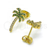 Oro Laminado Stud Earring, Gold Filled Style Tree Design, with Green and White Micro Pave, Polished, Golden Finish, 02.341.0026