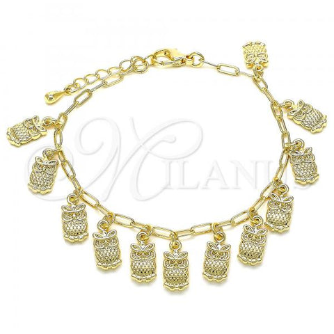 Oro Laminado Charm Bracelet, Gold Filled Style Owl and Paperclip Design, Polished, Golden Finish, 03.372.0022.08