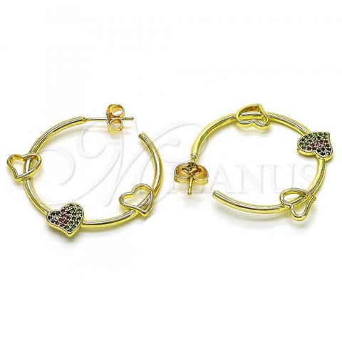 Oro Laminado Medium Hoop, Gold Filled Style Heart Design, with Multicolor Micro Pave, Polished, Golden Finish, 02.210.0707.1.30