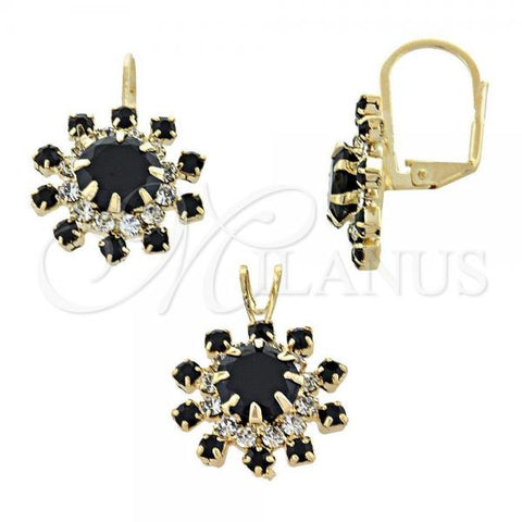 Oro Laminado Earring and Pendant Adult Set, Gold Filled Style Flower Design, with Black and White Cubic Zirconia, Polished, Golden Finish, 5.057.001