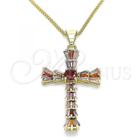 Oro Laminado Pendant Necklace, Gold Filled Style Cross Design, with Multicolor Cubic Zirconia, Polished, Golden Finish, 04.284.0027.3.18