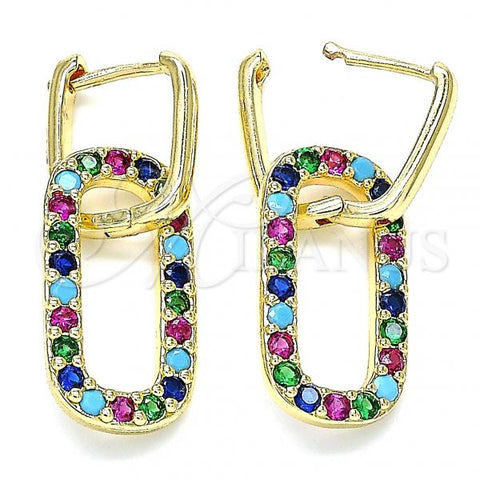 Oro Laminado Huggie Hoop, Gold Filled Style Paperclip Design, with Multicolor Cubic Zirconia, Polished, Golden Finish, 02.210.0471.5.12