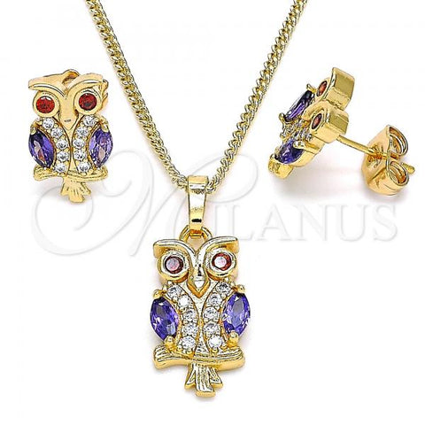 Oro Laminado Earring and Pendant Adult Set, Gold Filled Style Owl Design, with Amethyst and Garnet Cubic Zirconia, Polished, Golden Finish, 10.210.0123.2
