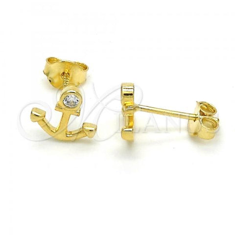 Sterling Silver Stud Earring, Anchor Design, with White Cubic Zirconia, Polished, Golden Finish, 02.285.0049