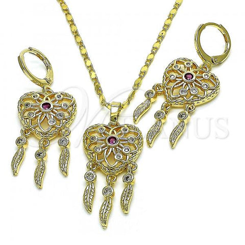 Oro Laminado Earring and Pendant Adult Set, Gold Filled Style Heart and Leaf Design, with Ruby and White Cubic Zirconia, Polished, Golden Finish, 10.196.0023.1