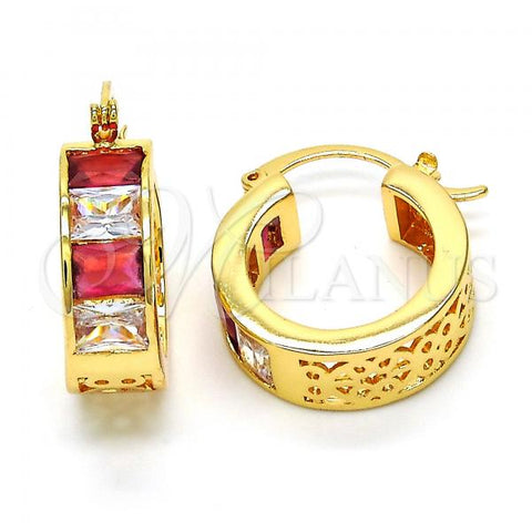 Oro Laminado Small Hoop, Gold Filled Style with Ruby and White Cubic Zirconia, Polished, Golden Finish, 02.185.0001.8.20