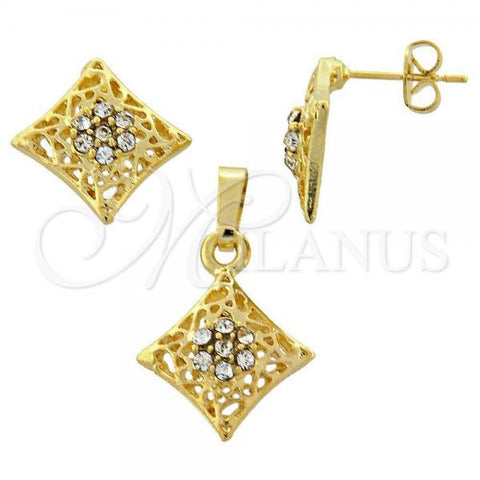 Oro Laminado Earring and Pendant Adult Set, Gold Filled Style Flower Design, with White Crystal, Polished, Golden Finish, 10.164.0014