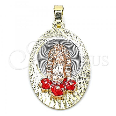 Oro Laminado Religious Pendant, Gold Filled Style Guadalupe and Flower Design, Red Enamel Finish, Tricolor, 05.380.0102