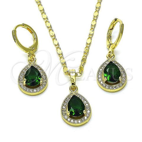 Oro Laminado Earring and Pendant Adult Set, Gold Filled Style Teardrop and Cluster Design, with Green Cubic Zirconia and White Micro Pave, Polished, Golden Finish, 10.196.0142