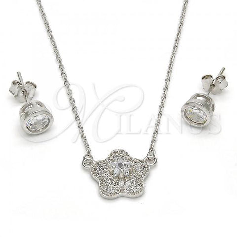 Sterling Silver Earring and Pendant Adult Set, Flower Design, with White Micro Pave and White Cubic Zirconia, Polished, Rhodium Finish, 10.186.0013