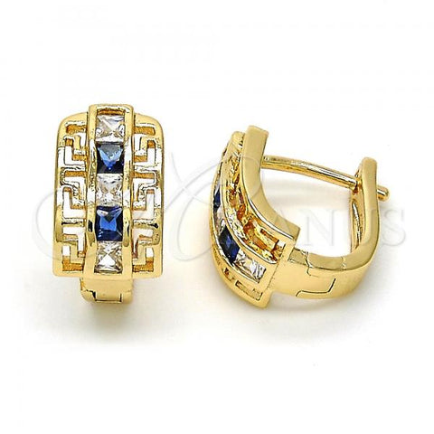 Oro Laminado Huggie Hoop, Gold Filled Style Greek Key Design, with Sapphire Blue and White Cubic Zirconia, Polished, Golden Finish, 02.237.0015.4.15