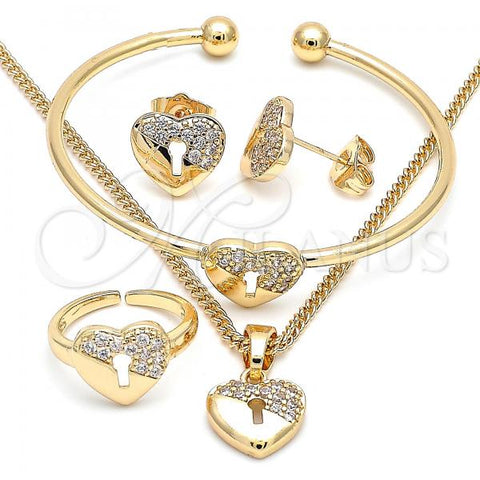 Oro Laminado Earring and Pendant Children Set, Gold Filled Style Heart and Lock Design, with White Micro Pave, Polished, Golden Finish, 06.210.0026