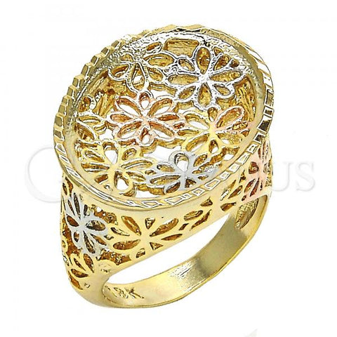 Oro Laminado Elegant Ring, Gold Filled Style Flower Design, Diamond Cutting Finish, Tricolor, 01.100.0011.08 (Size 8)