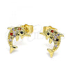 Oro Laminado Stud Earring, Gold Filled Style Dolphin Design, with Multicolor Micro Pave, Polished, Golden Finish, 02.284.0044.1