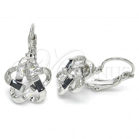 Rhodium Plated Leverback Earring, Flower Design, with Black and White Cubic Zirconia, Polished, Rhodium Finish, 02.210.0214.6