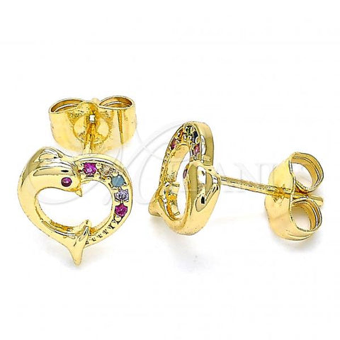 Oro Laminado Pendant Necklace, Gold Filled Style Heart and Dolphin Design, with Multicolor Micro Pave, Polished, Golden Finish, 02.344.0063.2