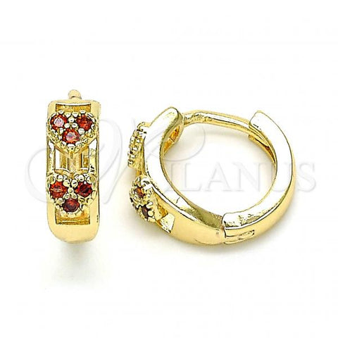 Oro Laminado Huggie Hoop, Gold Filled Style Heart Design, with Garnet Micro Pave, Polished, Golden Finish, 02.284.0035.1.12