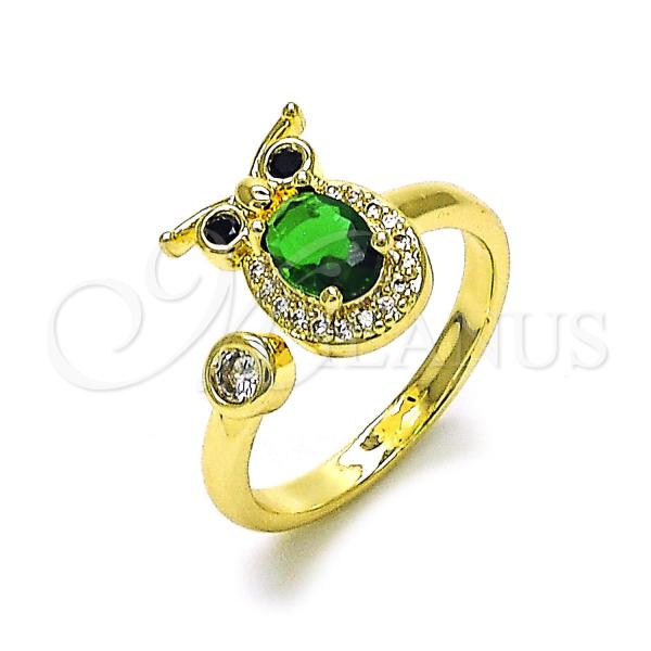 Oro Laminado Multi Stone Ring, Gold Filled Style Owl Design, with Green and White Cubic Zirconia, Polished, Golden Finish, 01.196.0006.1