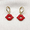 Oro Laminado Dangle Earring, Gold Filled Style Lips Design, Red Enamel Finish, Golden Finish, 02.411.0080