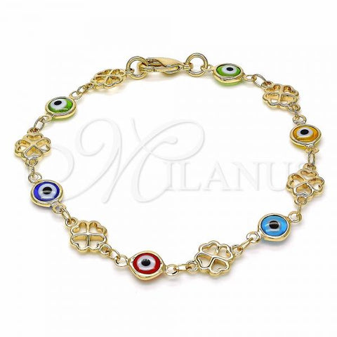Oro Laminado Fancy Bracelet, Gold Filled Style Evil Eye and Four-leaf Clover Design, Multicolor Resin Finish, Golden Finish, 03.326.0011.08