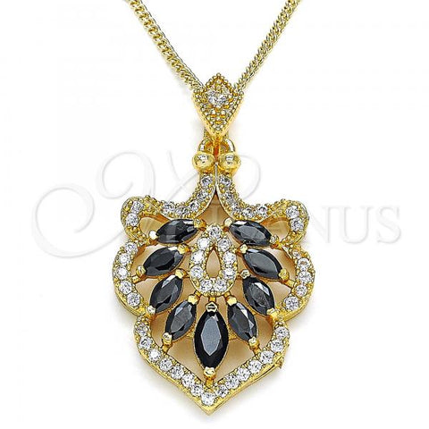 Oro Laminado Pendant Necklace, Gold Filled Style Leaf Design, with Black and White Cubic Zirconia, Polished, Golden Finish, 04.283.0024.20