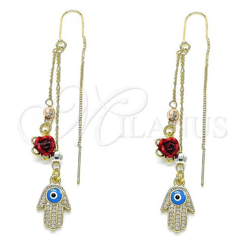 Oro Laminado Threader Earring, Gold Filled Style Hand of God and Flower Design, with White Micro Pave, Turquoise Enamel Finish, Tricolor, 02.253.0017